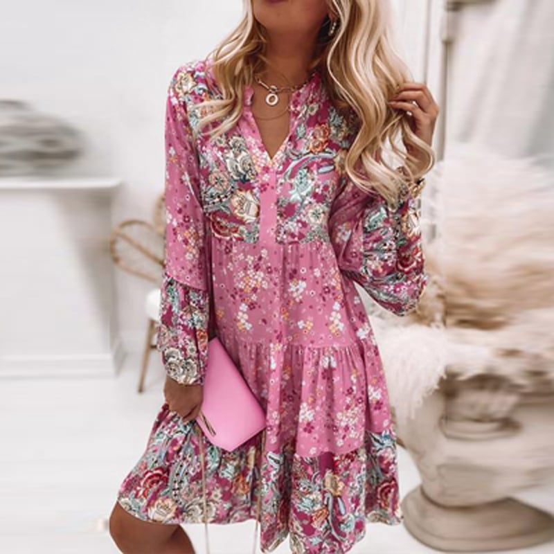 Women's Color Block Printed Flared Sleeve Dress
