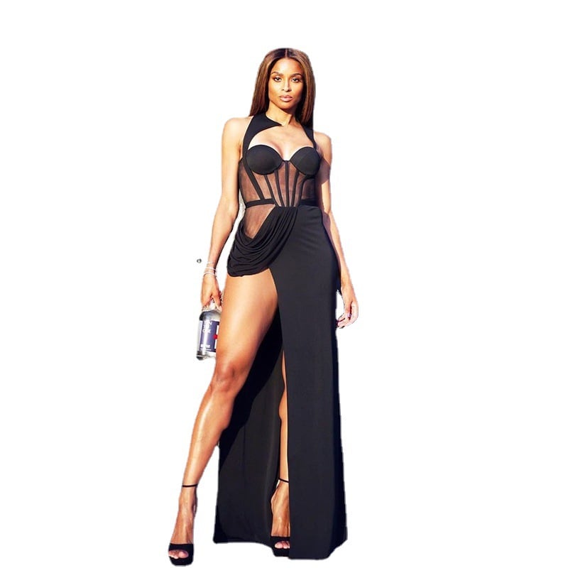Back Mesh Pierced Slit Dress for Air Quality Temperament