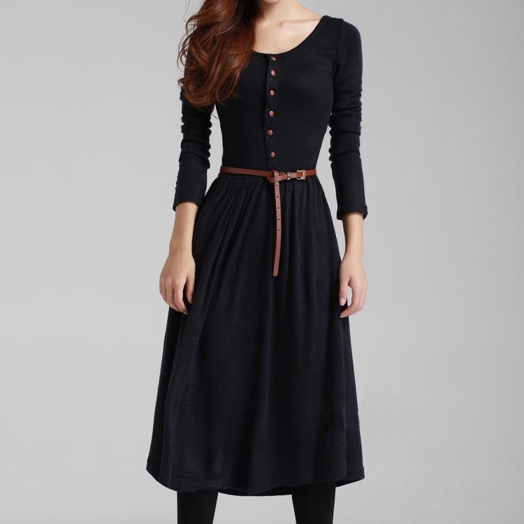 Retro Art Style Knitted Long-Sleeve Dress
