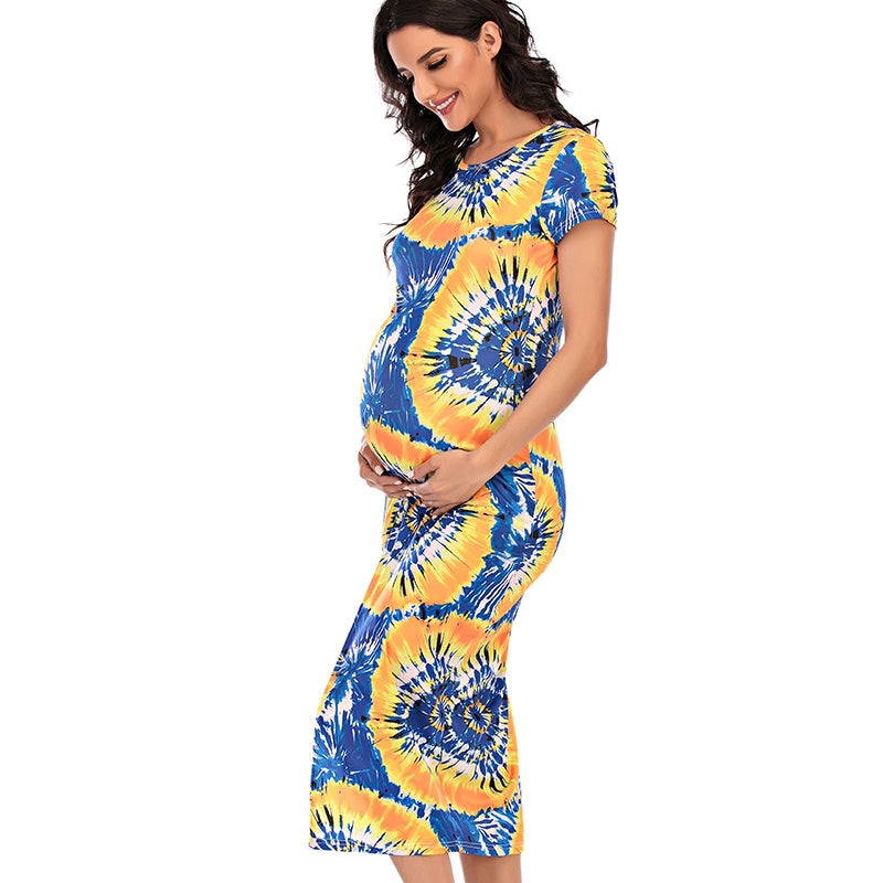 Round Neck Short Sleeve Slit Maternity Dress for Women