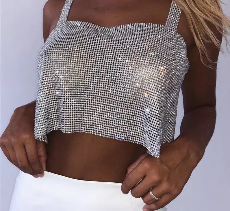 Bling Rhinestones Crop Top with Full Diamonds and Sequins