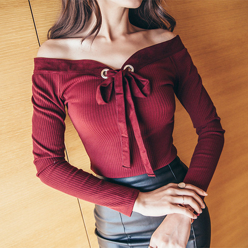 Bow Tie Knit Sweater and Off-Shoulder Knit Top
