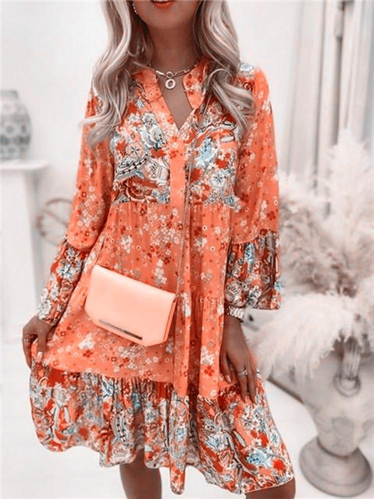 Women's Color Block Printed Flared Sleeve Dress